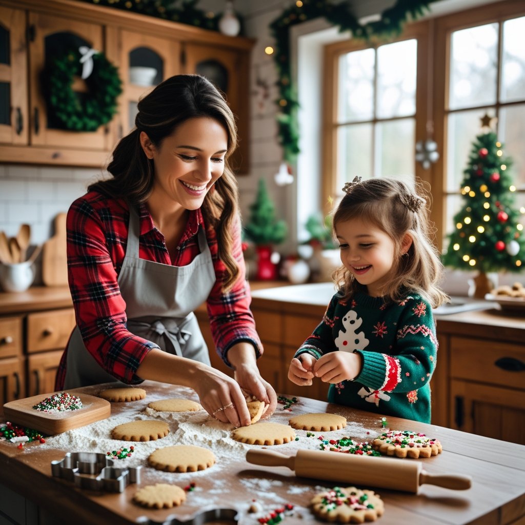 mum and young daughter making Christmas cookies in a festive farmhouse style kitchen