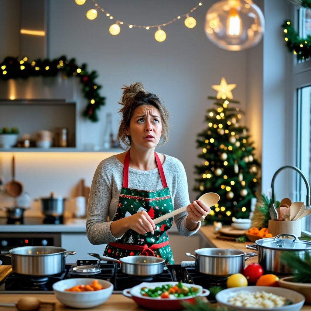 women getting stressed out making Christmas Dinner 