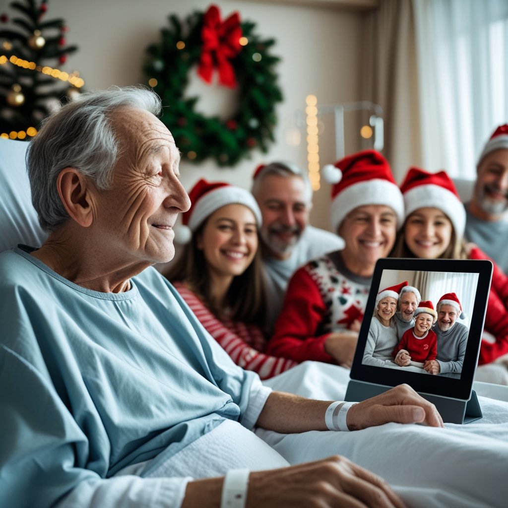 An old man in hospital at Christmas time and family on a video call to him to make him feel included