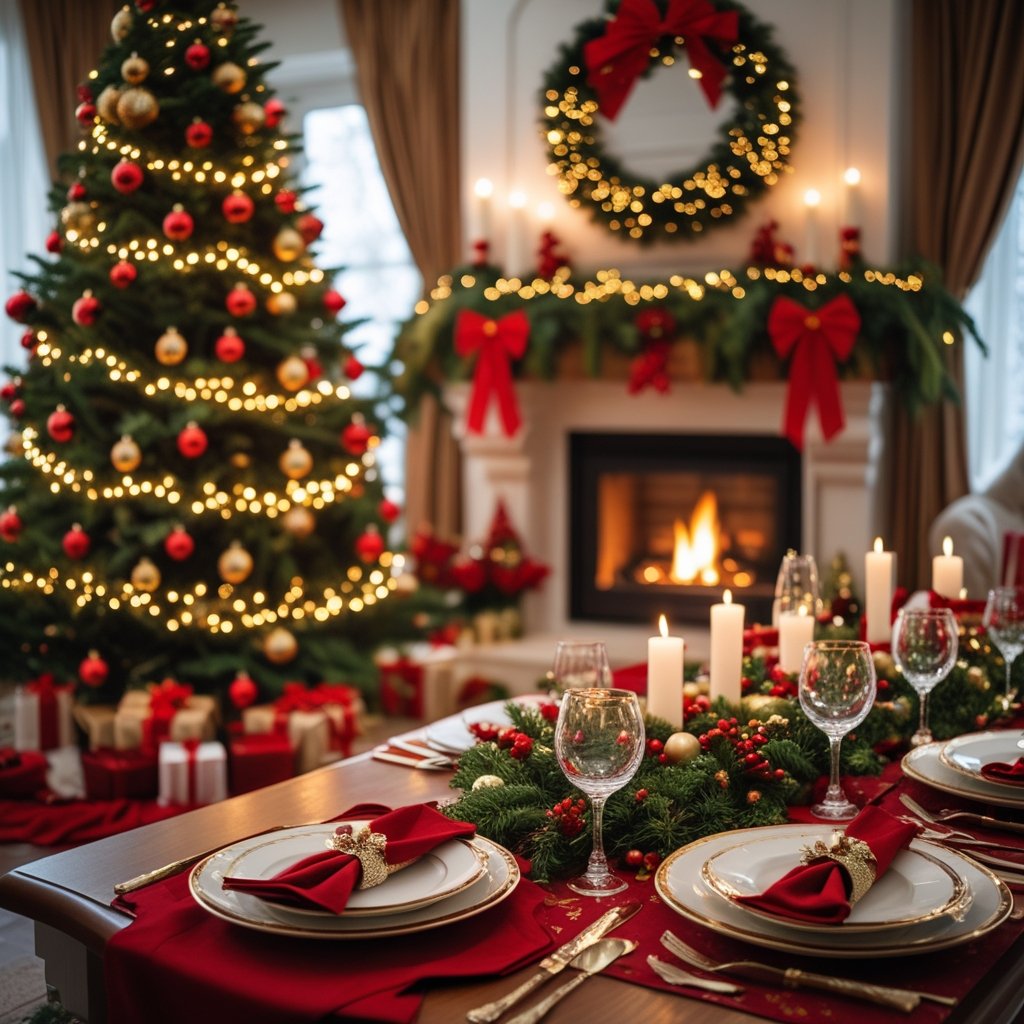 A magical Christmas Atmosphere in red and gold christmas tree and matching mantel garland and dinner table 