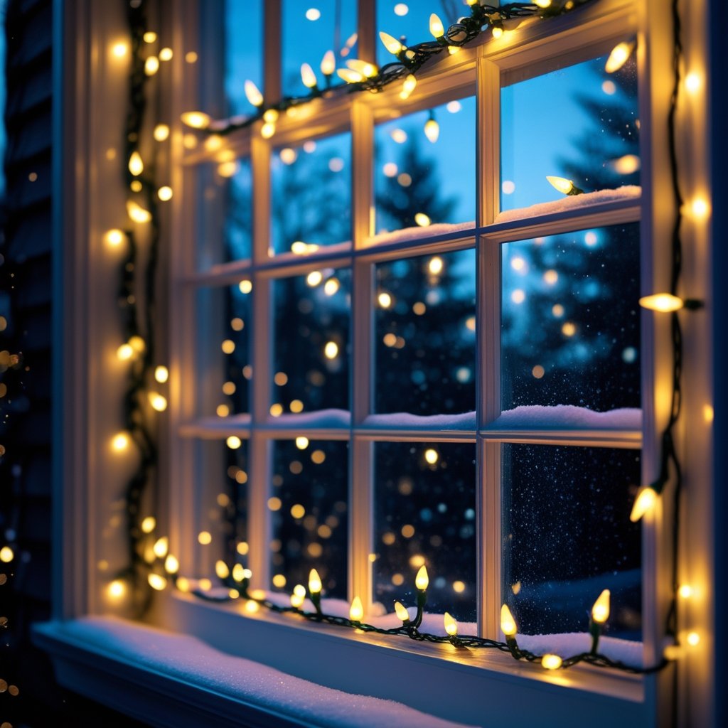 A warm Christmas window theme with warm wight Christmas lights round a window with snow falling outside