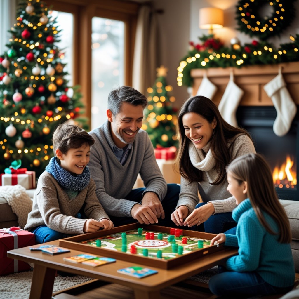 Family Playing a Board Game at Christmas Time