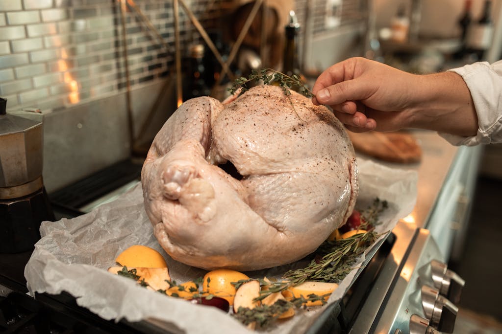 Christmas Day Hand preparing a whole turkey with fresh herbs and lemon slices