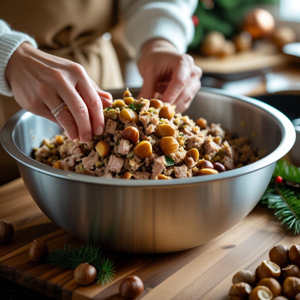 Making Christmas Sausage meat and chestnut stuffing