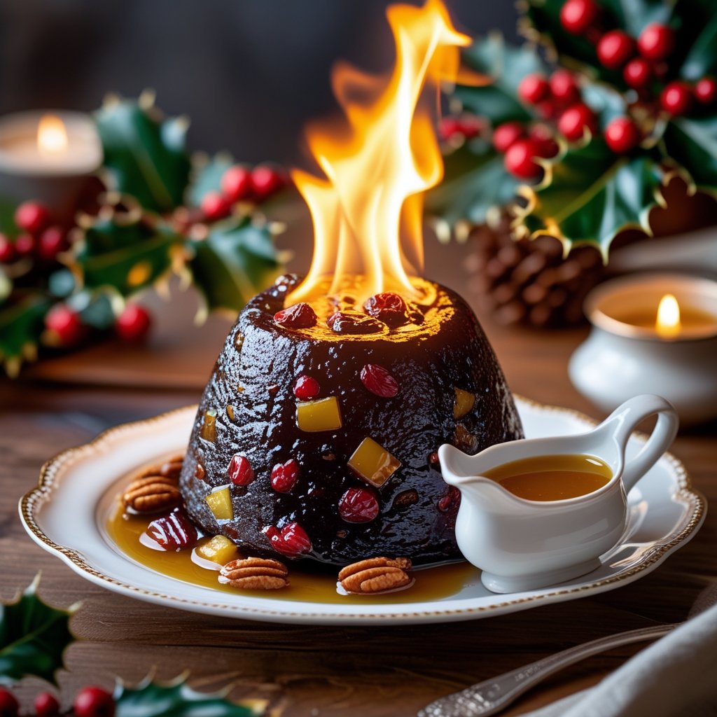 Traditional Christmas Pudding and Brandy Sauce At Home