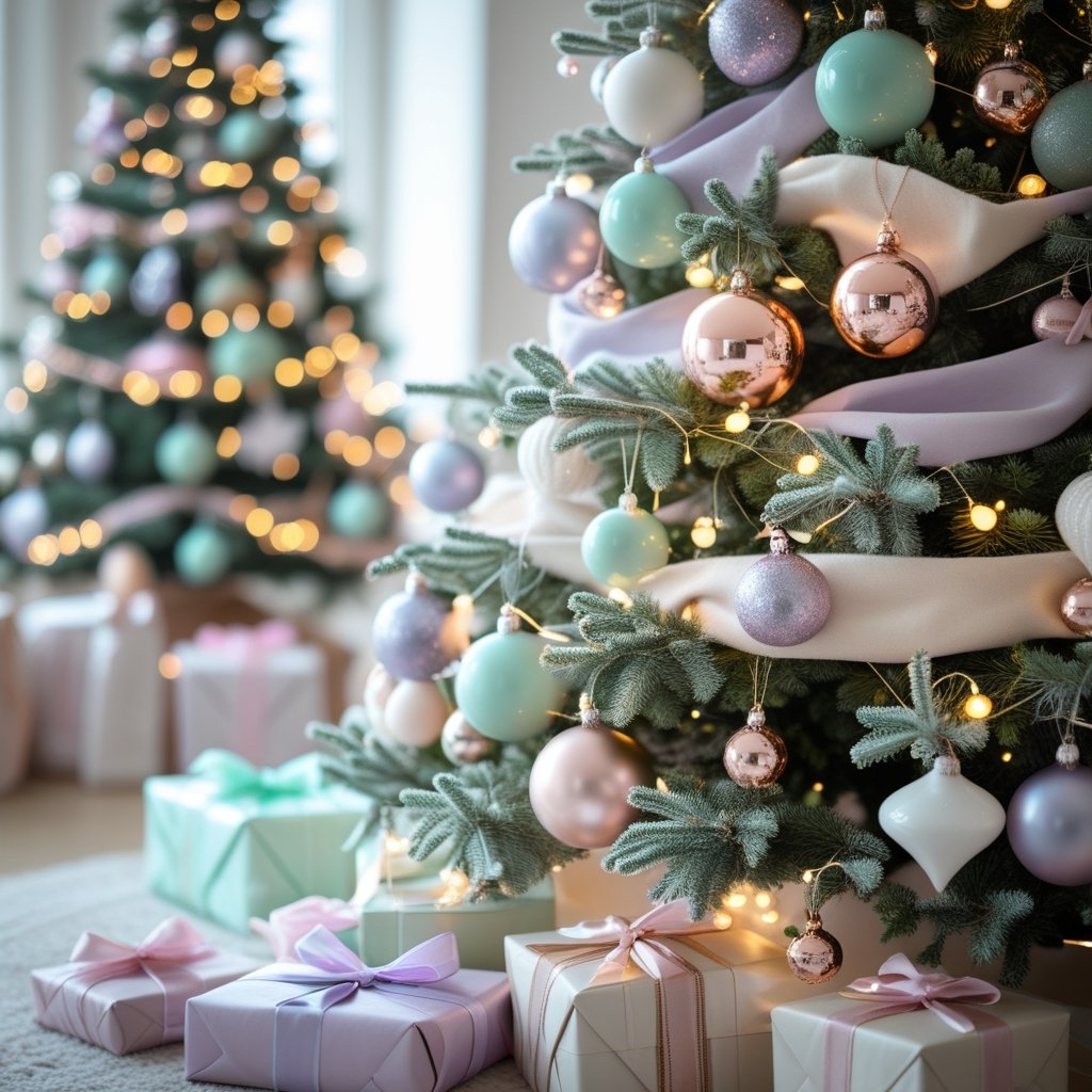 christmas tree baubles of soft lavender and mint green with rose gold