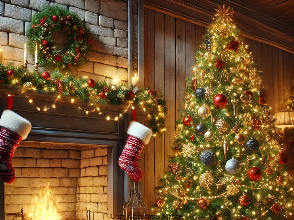 a cozy Christmas mantel in red and gold decor