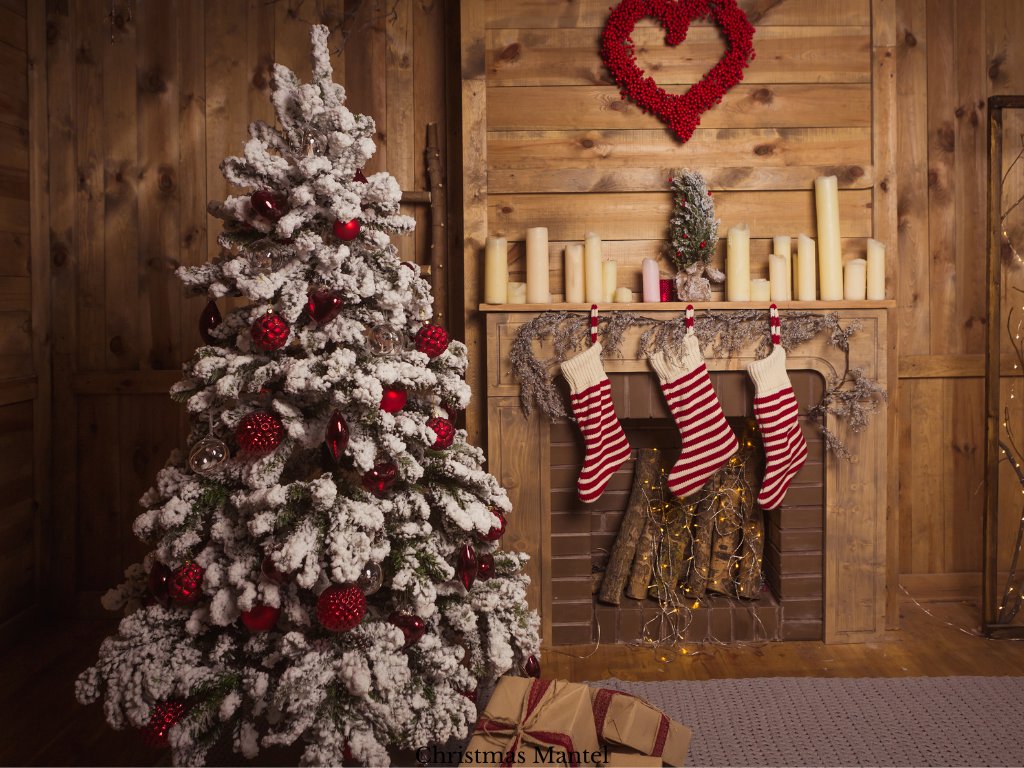 Rustic Christmas Mantel with Pillar candles and stiped stockings with a Christmas tree to the side
