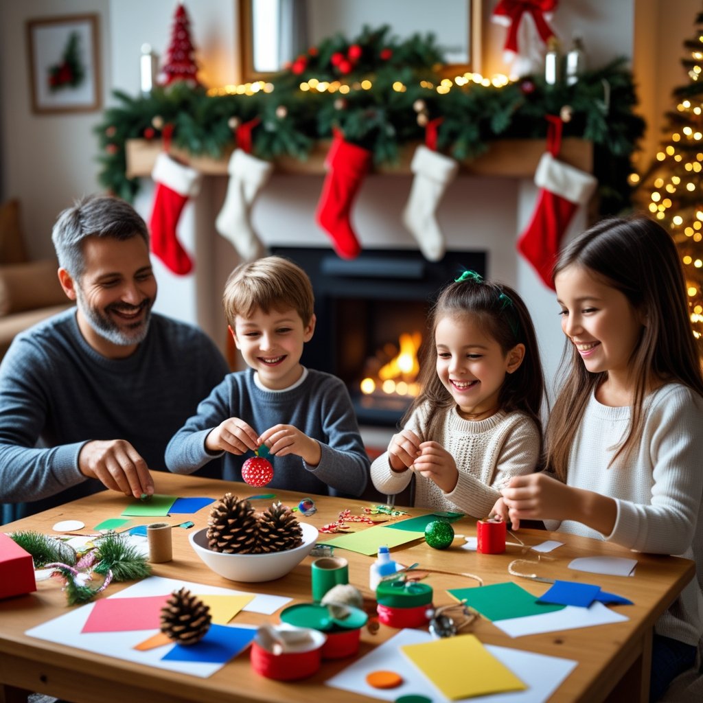 Family making homemade Christmas Ornaments 