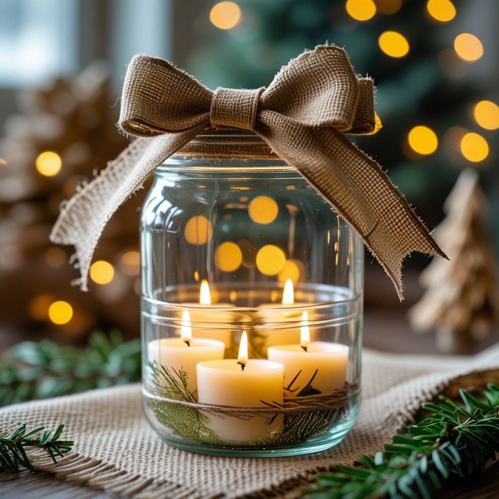 Handmade Christmas glass jars with burlap bows and candles