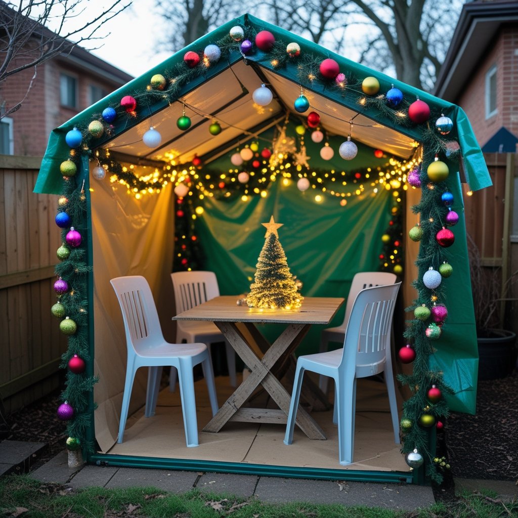 An outside little Christmas grotto in the backyard with tarpaulin for the roof to keep everyone dry, hang baubles, tinsel and fairy lights for ambience and cheap plastic chairs with a makeshift table from old furniture