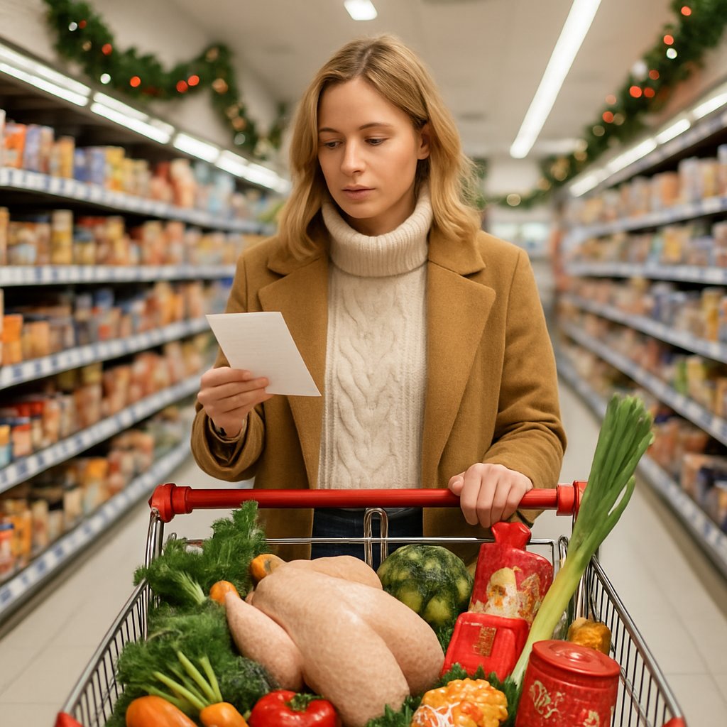 Christmas food shopping following a shopping list
