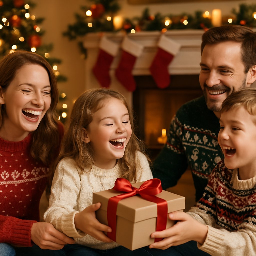 A Family of 4 having fun at christmas time, sharing gifts