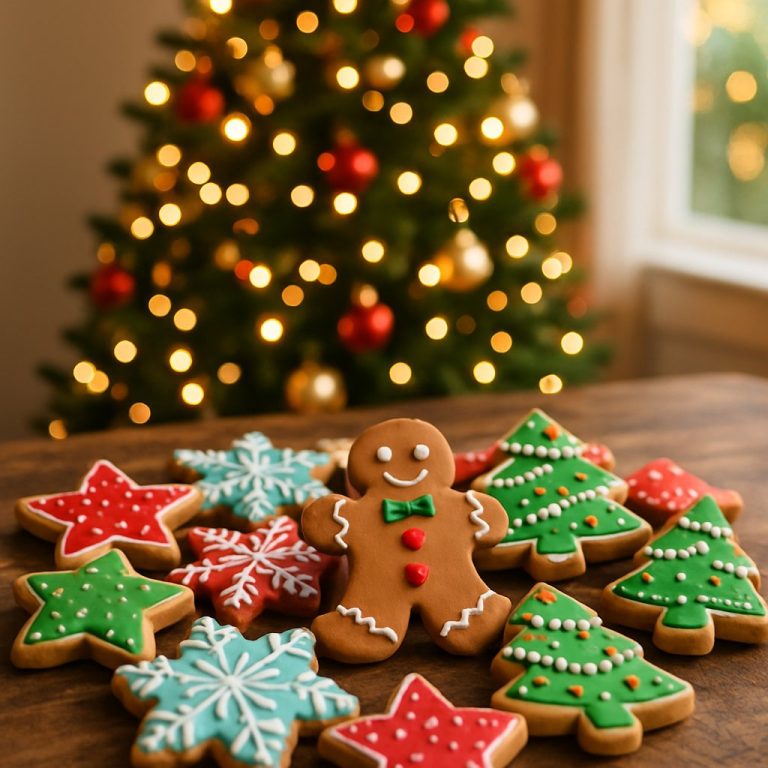 Decorated christmas cookies on a kitchen table, with a christmas tree in the background