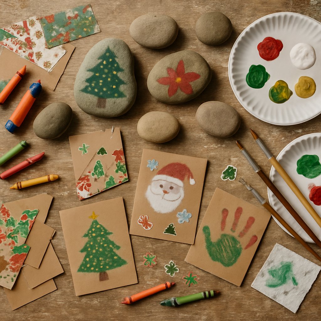 Glue stick,wrapping paper scraps,crayons,Cardboard (cereal boxes), drawings, stickers, or handprints, smooth rocks (from yard or park),Acrylic paint or washable paint Paintbrushes, Paper plates for paint mixing for xmas decorations