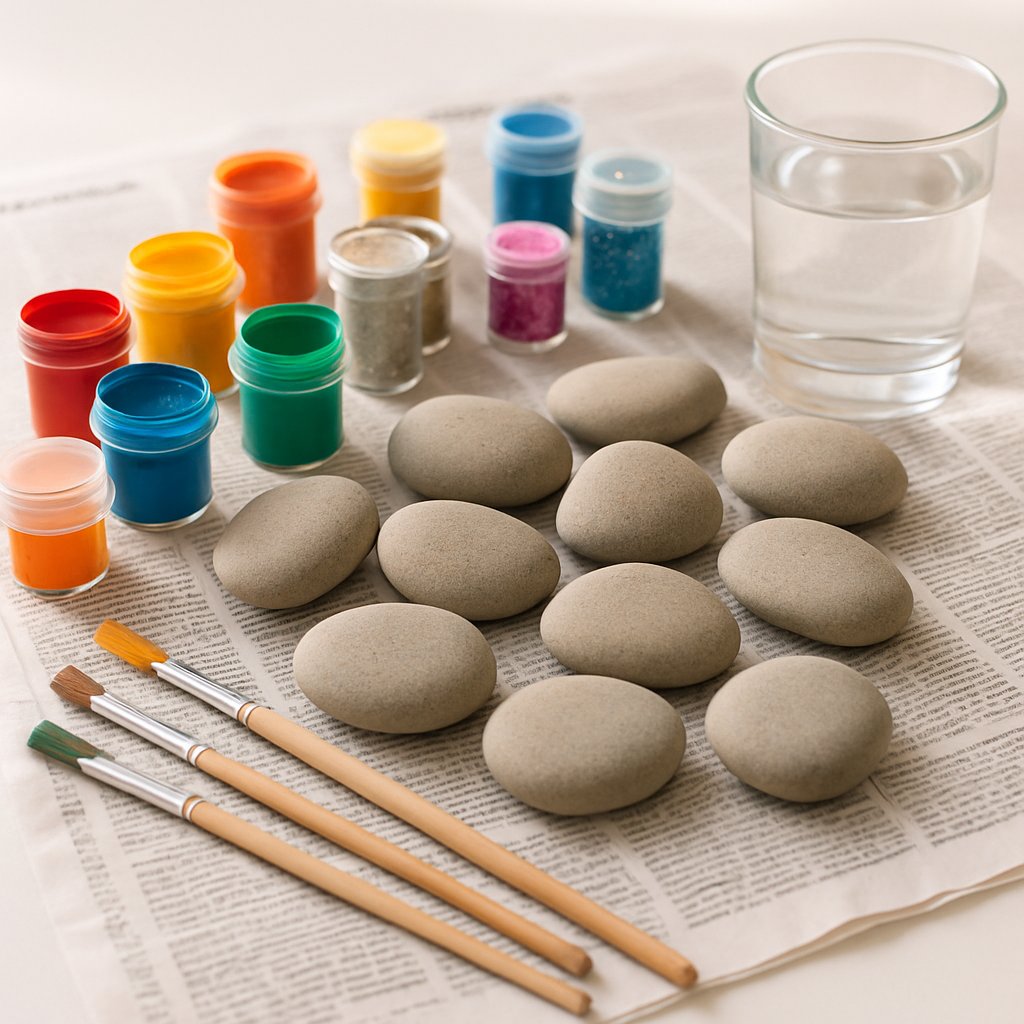 paint, glitter, paint brushes and water , smooth rocks set out on newspaper for christmas crafts