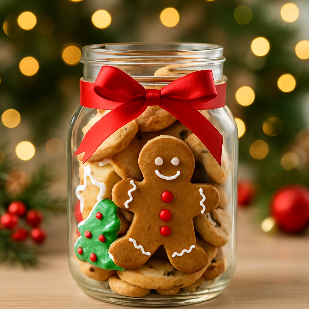 festively decorated christmas mason jar with ribbon filled with Xmas cookies and gingerbread men