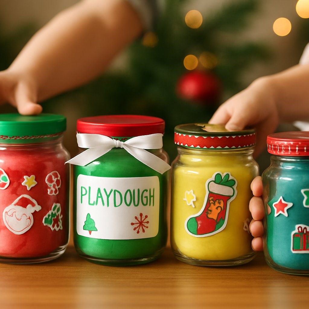 homemade playdough in christmas jars made by kids
