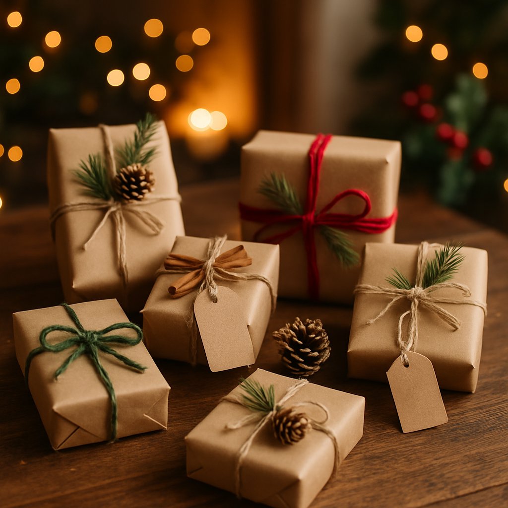 Homemade christmas presents festively wrapped with pinecones 