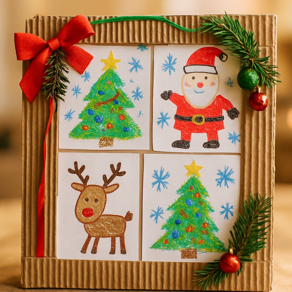kids christmas artwork on festively decorated cardboard frame with ribbon