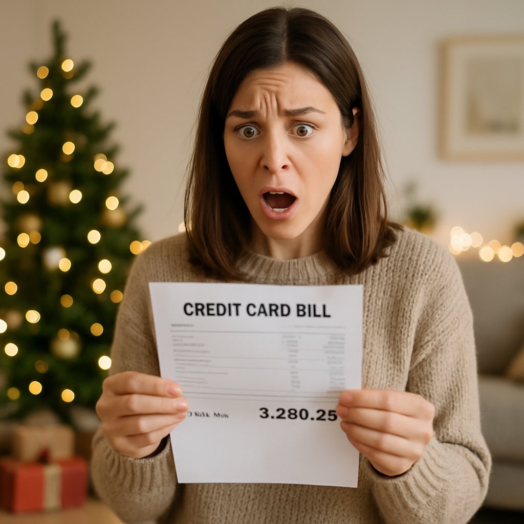 a woman looking shocked after looking at her unexpected high credit card bill after christmas spenditure