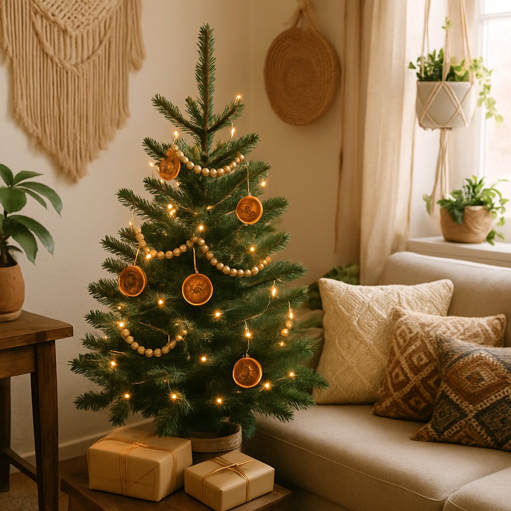 small christmas tree in small apartment boho style