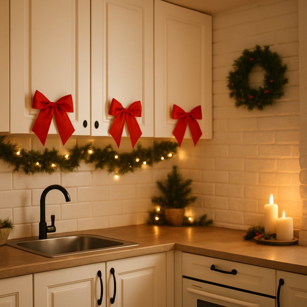 red christmas bows on kitchen handles