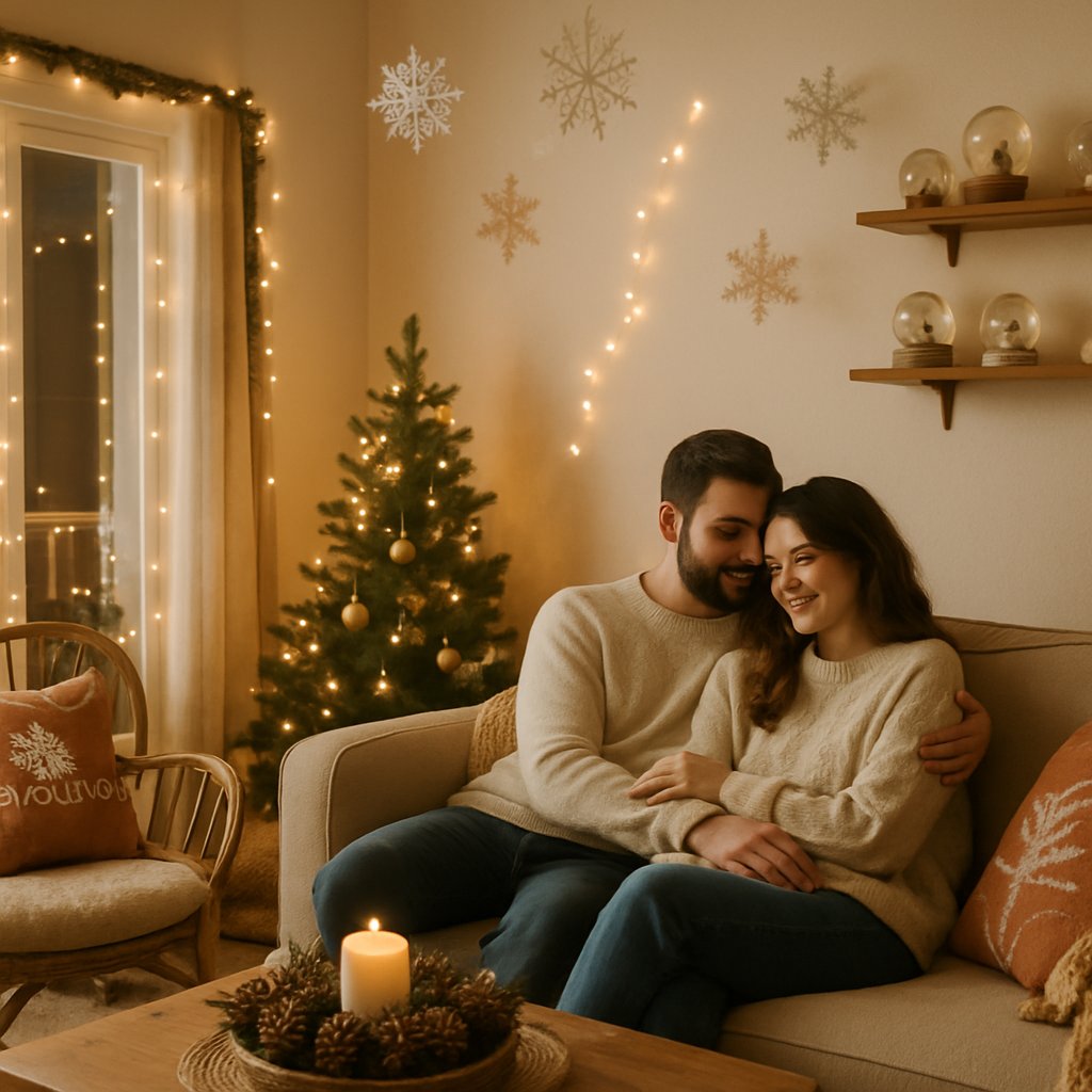 A couple sitting on a sofa in a cozy Christmas decorated apartment