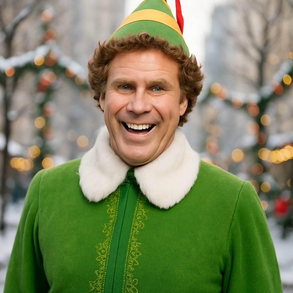 Christmas Film, Elf played by Will Ferrell, dressed as the Elf in green costume and silly hat