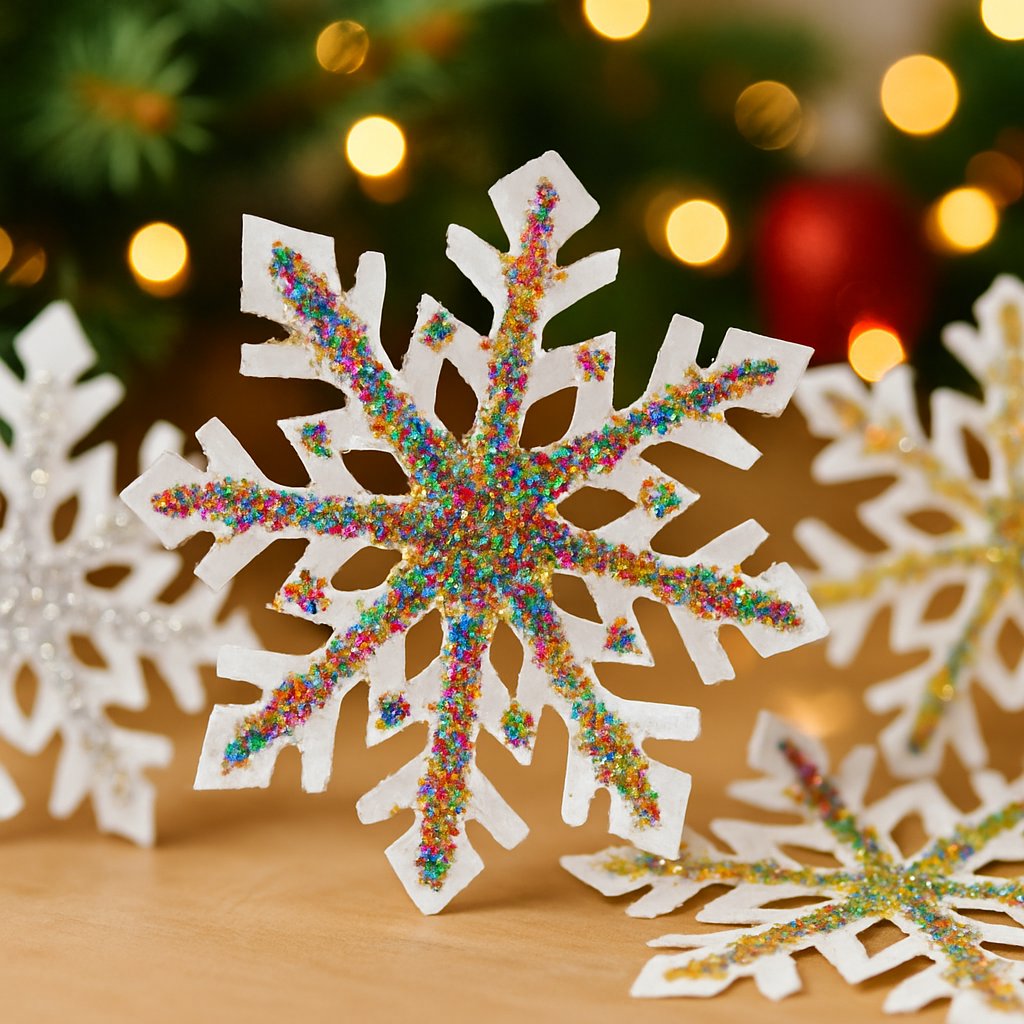 Elegant paper snowflakes with multi coloured glitter perfect for winter or holiday decor.