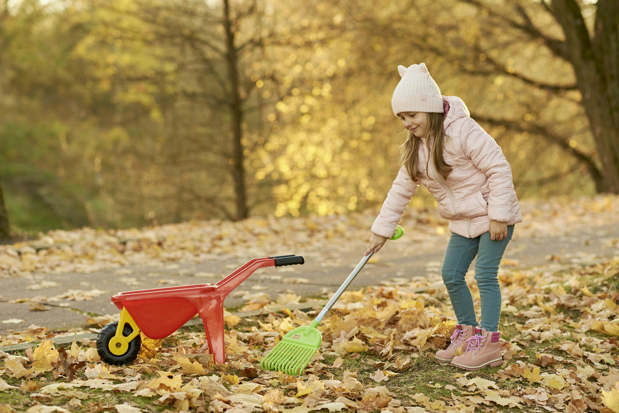 Little girl dressed in pastel hat and jacket for weather rakes fallen leaves from autumn trees collecting them in red toy cart.