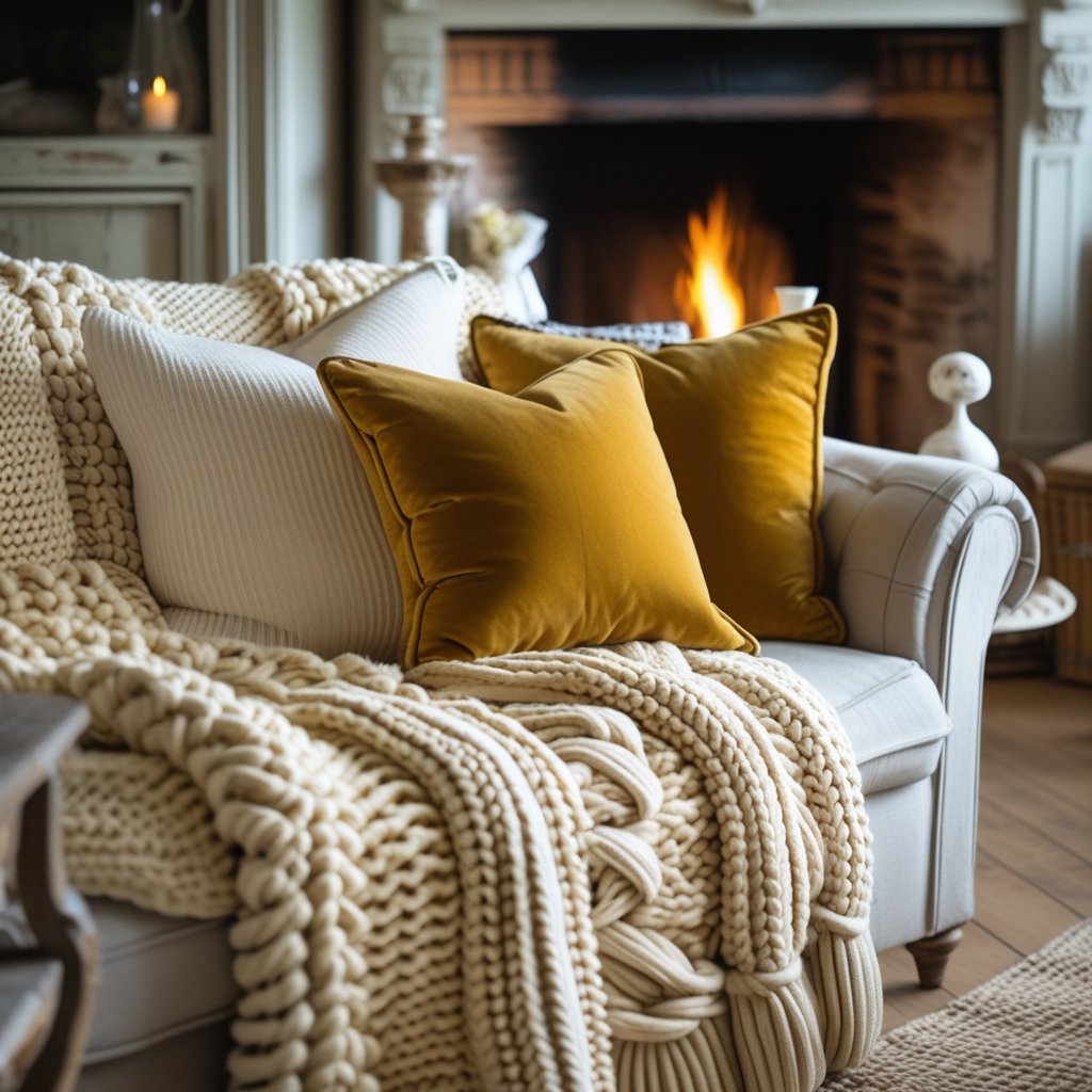 Cream chunky Knit Layered blankets and velvet mustard coloured cushions on a chunk sofa in a shabby chic living room with an open log burning fire