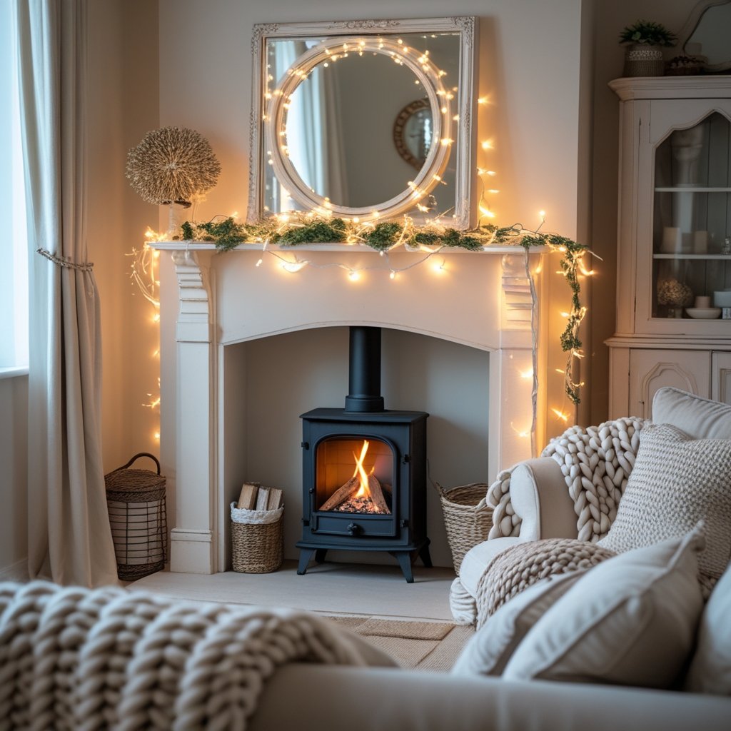warm white fairy lights around a mirror over a mantle fire place with log burner in a shabby chic living room with soft sofa and chucky throws on the sofa