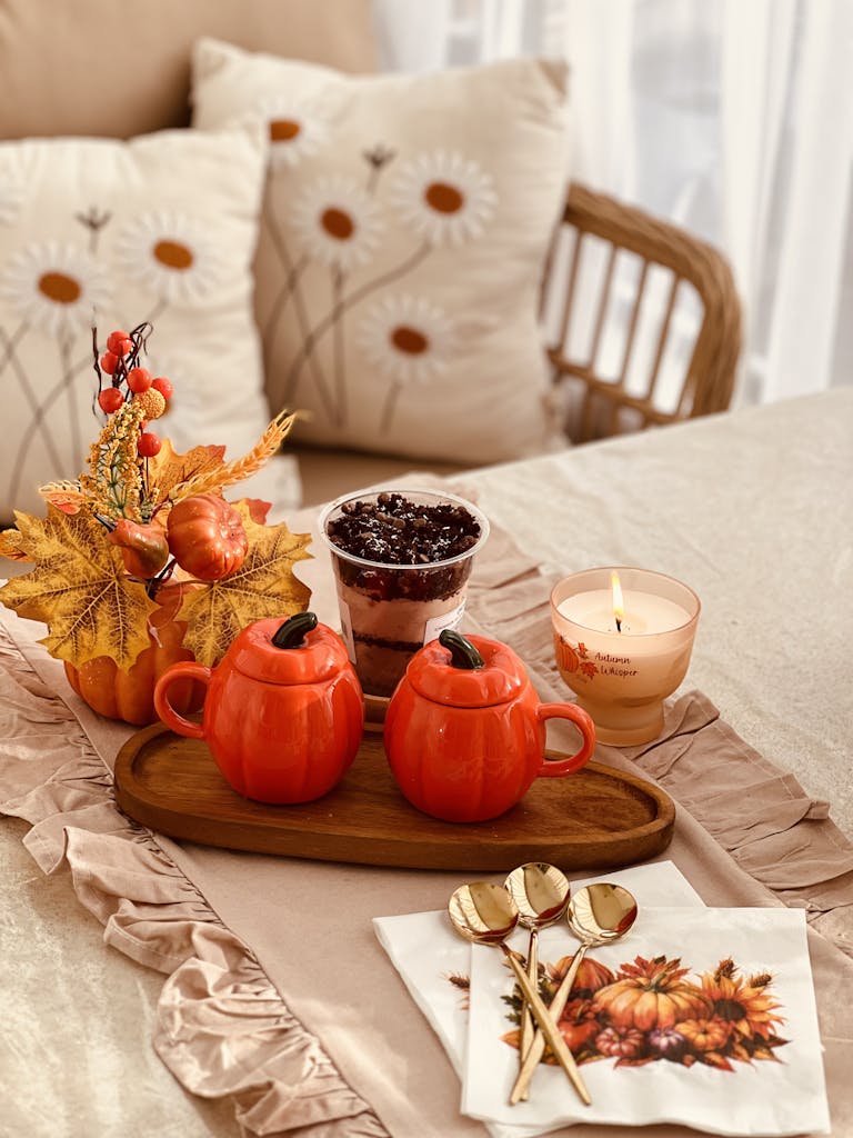 Warm autumn tea setting in Ankara, TĂĽrkiye with pumpkin mugs and seasonal decor.