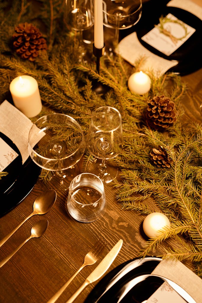 A beautifully decorated Christmas table with candles and pine branches.