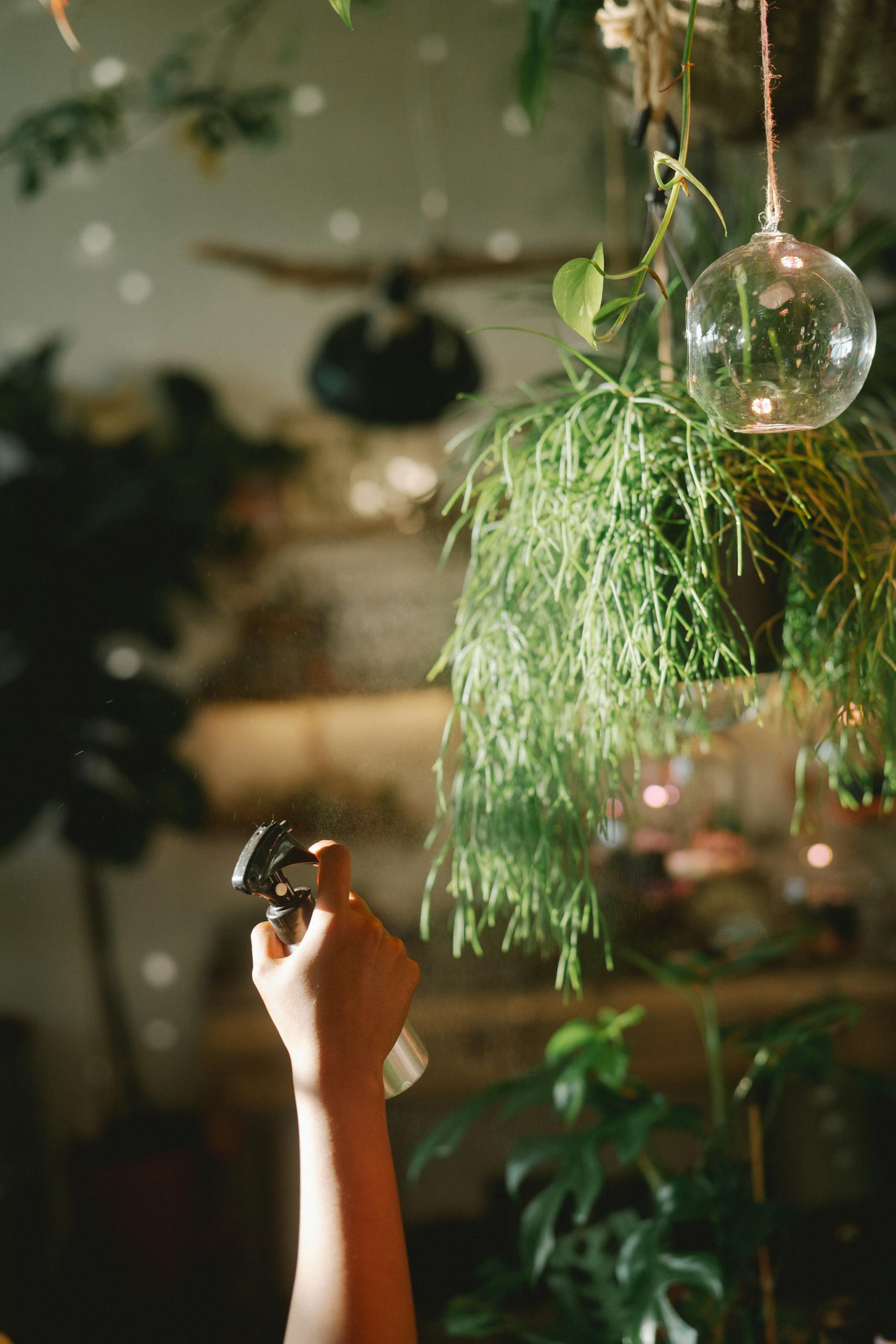 A person sprays water on hanging indoor plants, creating a relaxing atmosphere.