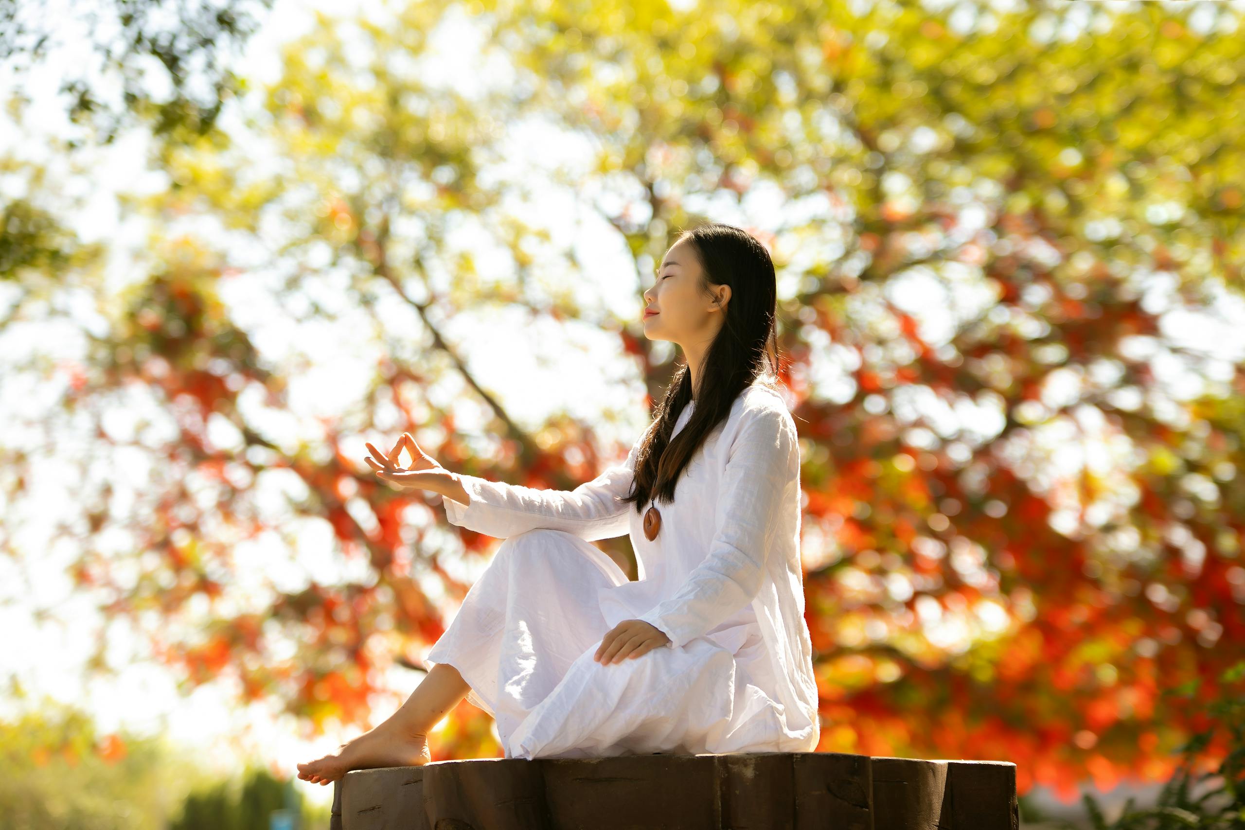 An Asian woman in white meditating on a tree stump with a vibrant autumn background.