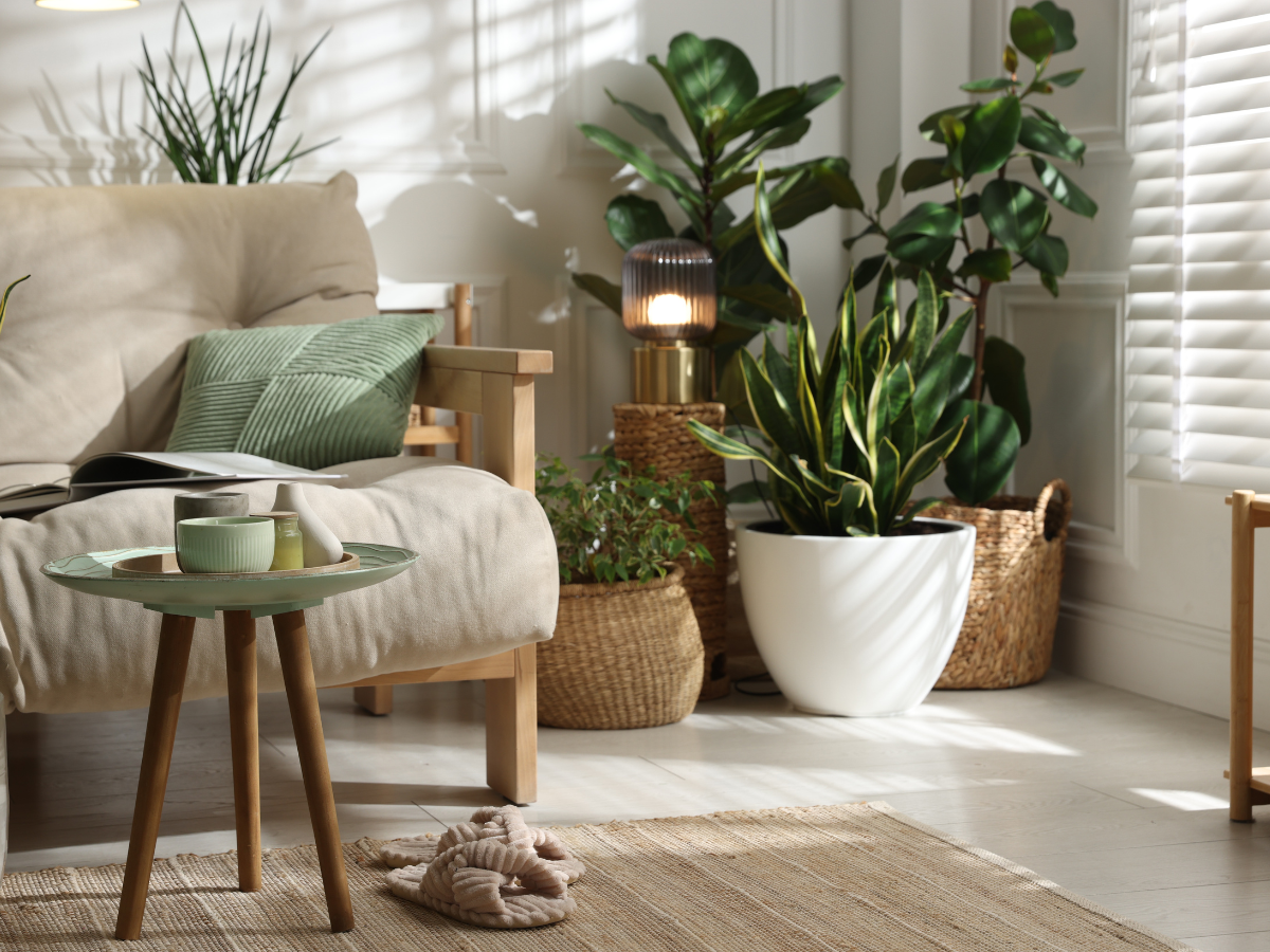 Lush potted plants enhancing minimalist indoor decor with a touch of nature.