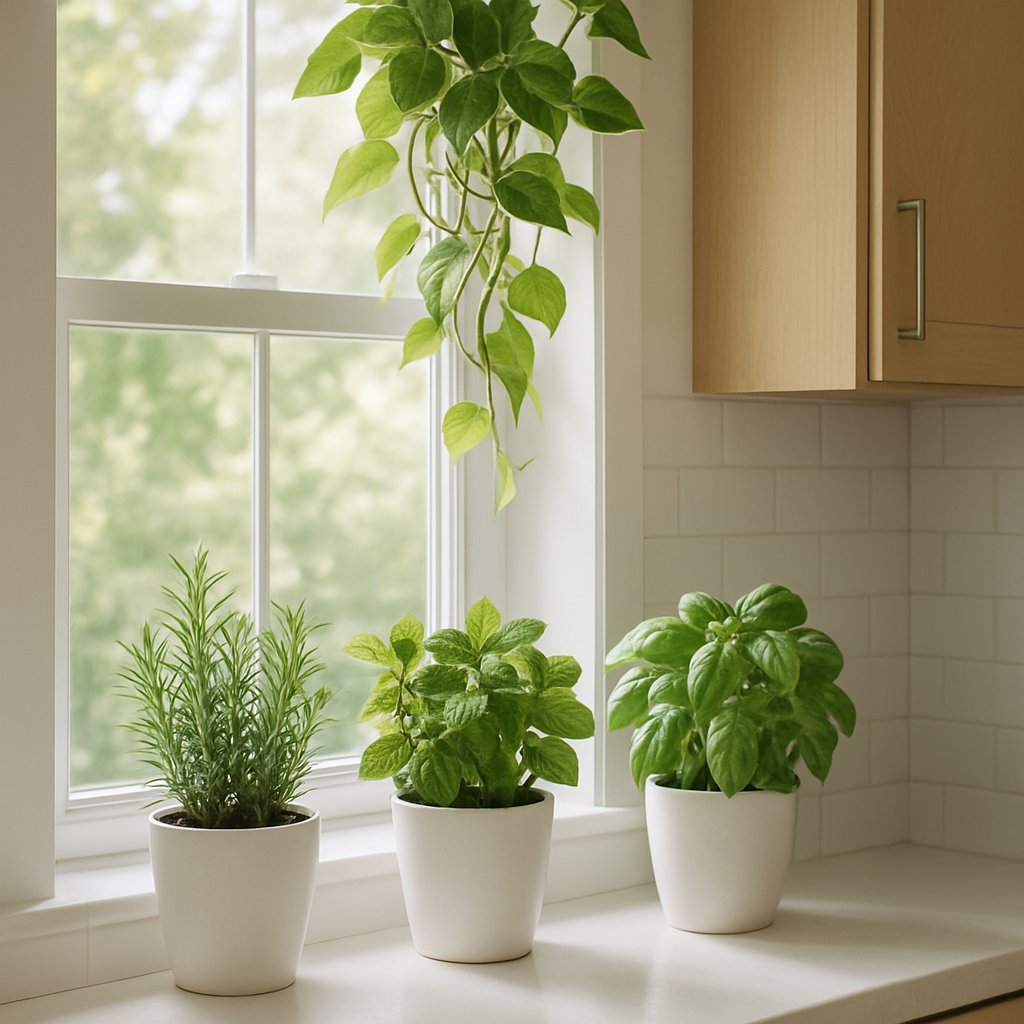 Bright kitchen windowsill with herb garden and hanging pothos creating a fresh, green cooking space