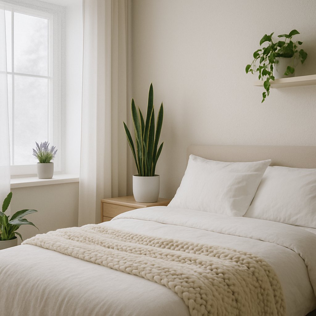 Serene winter bedroom with snake plant on bedside table, peace lily on dresser, and trailing pothos on shelf creating a calm sleep sanctuary with soft natural ligh