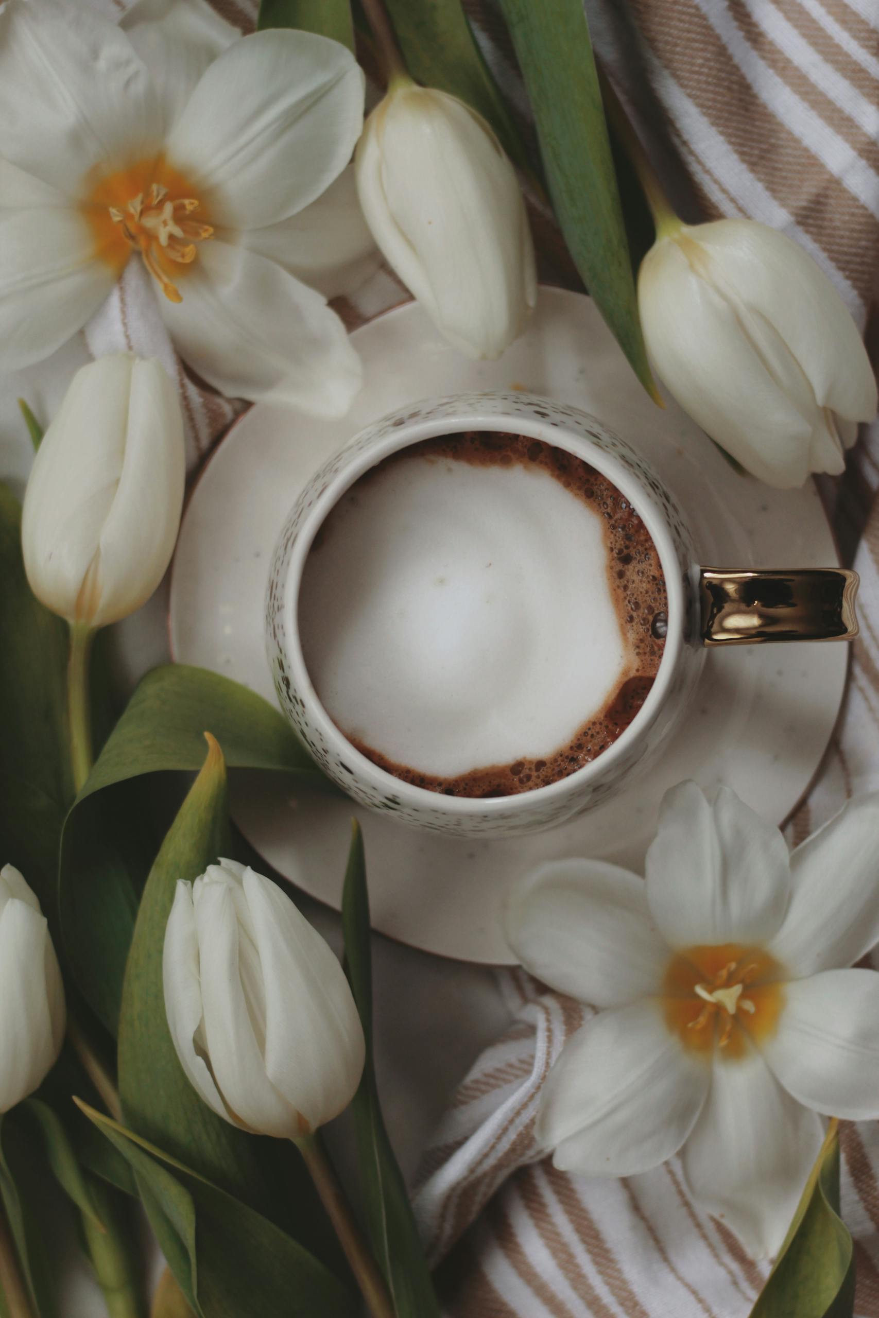 A cup of coffee surrounded by beautifully arranged white tulips, creating a serene spring atmosphere.