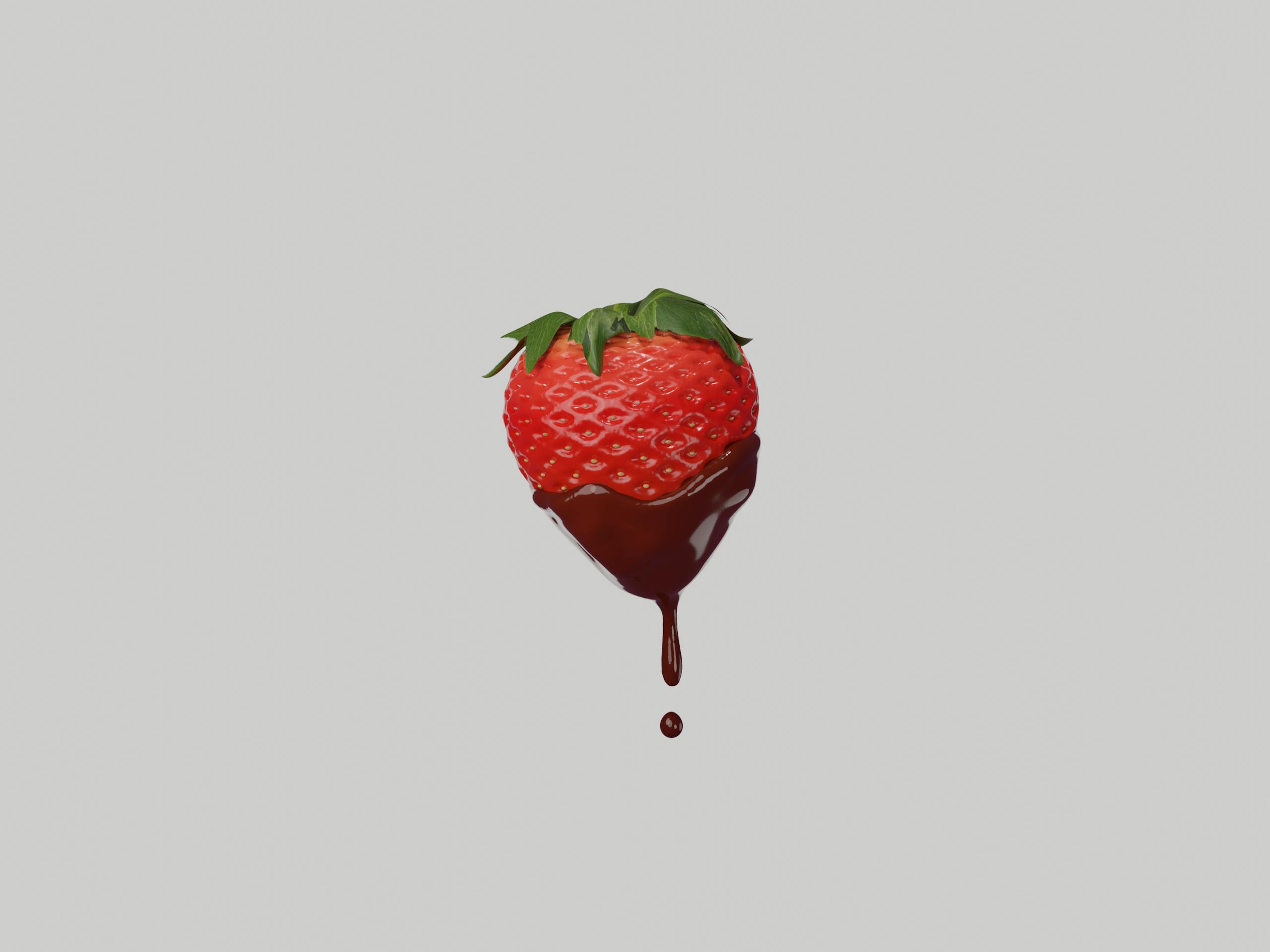 Close-up of a fresh strawberry dripping in rich chocolate on white background.