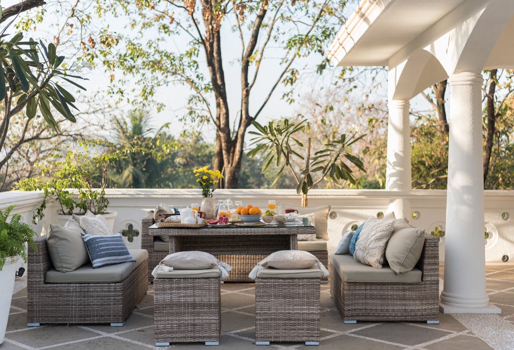 Spring staycation garden setup with outdoor seating and flowers at home UK