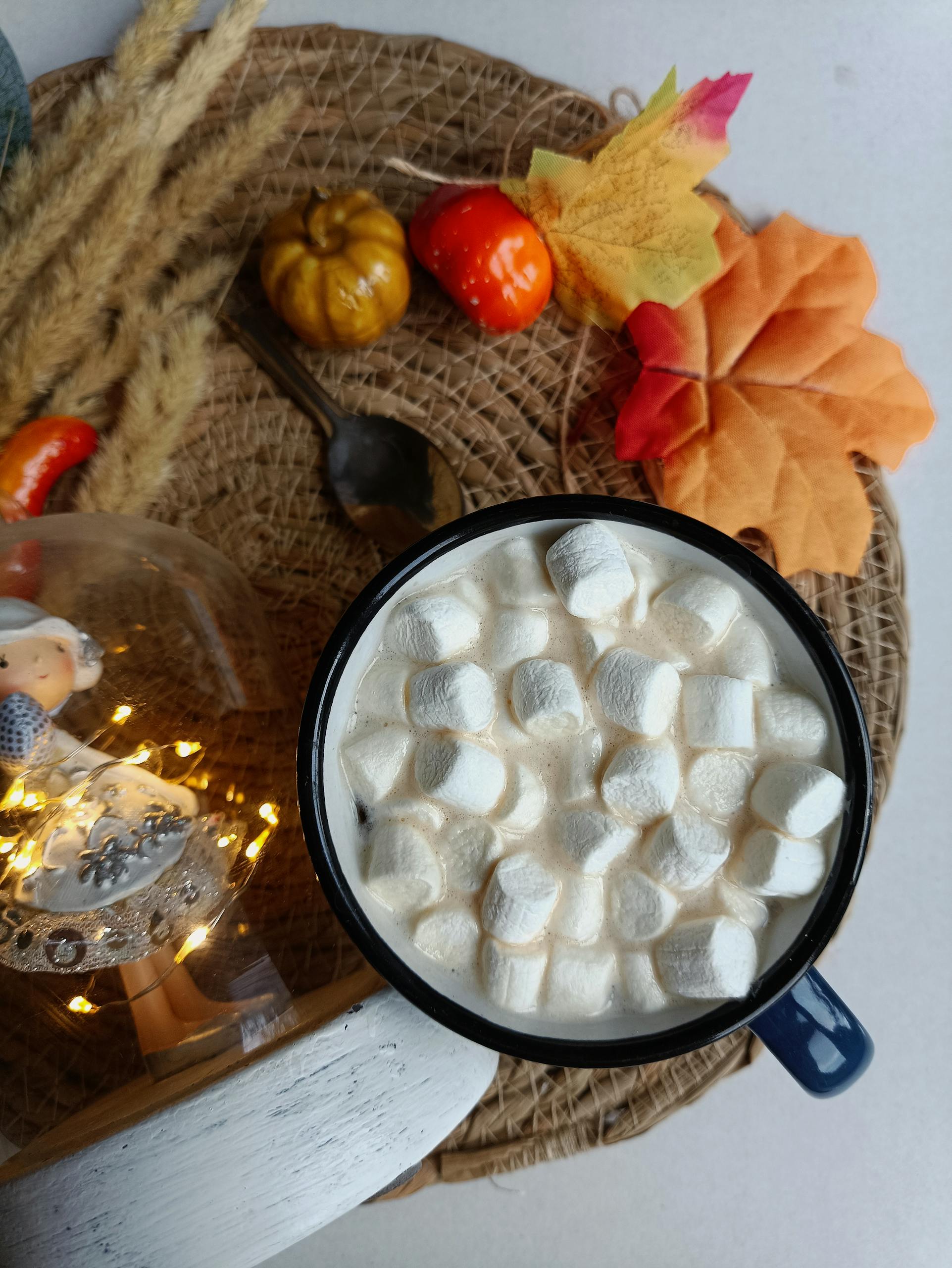 Delightful hot chocolate topped with marshmallows, set on an autumn-themed table.
