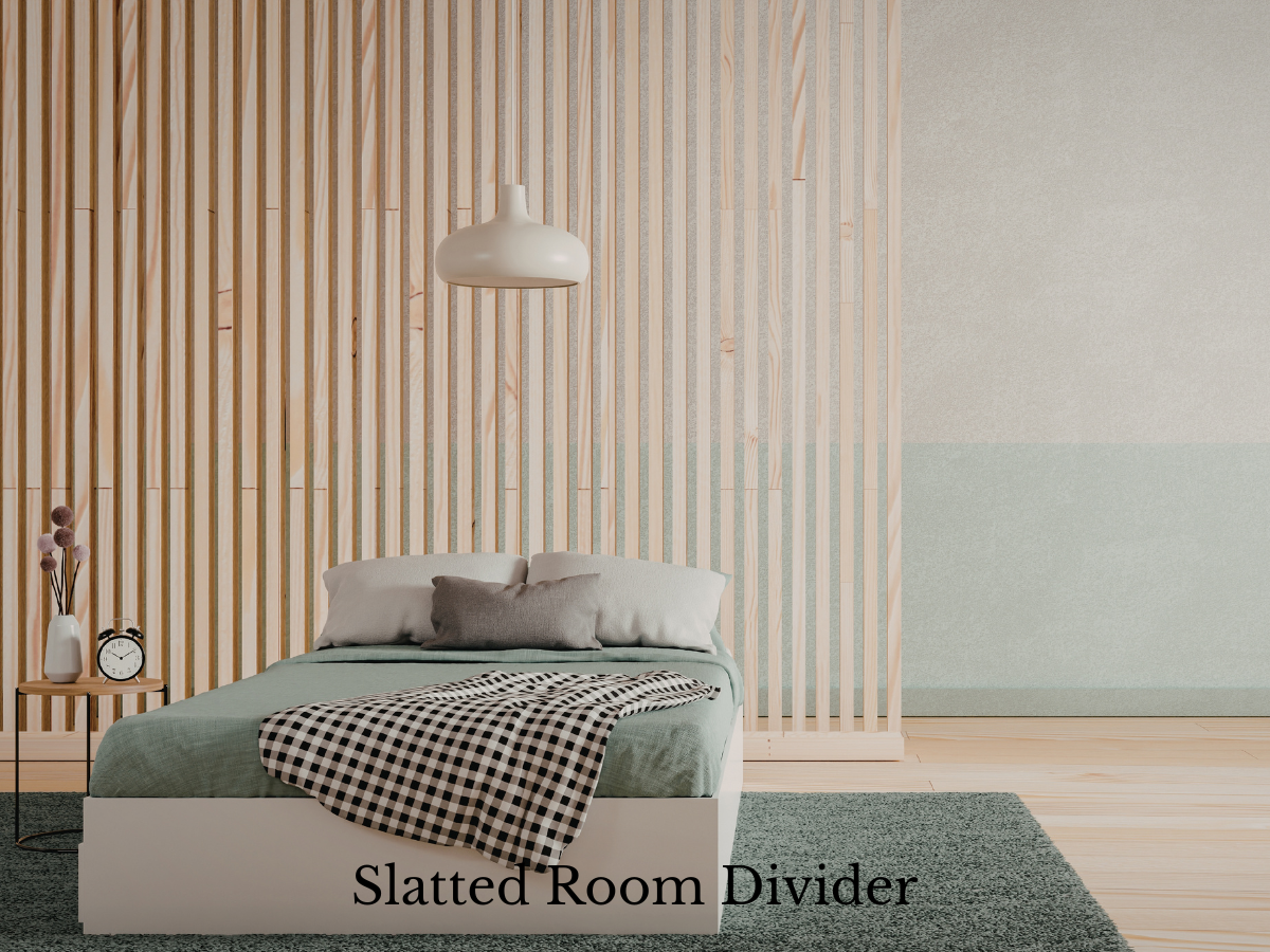 Slatted room divider in a bedroom