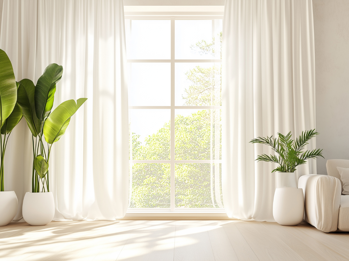 A light airy large window with white voiles and large plants at either side