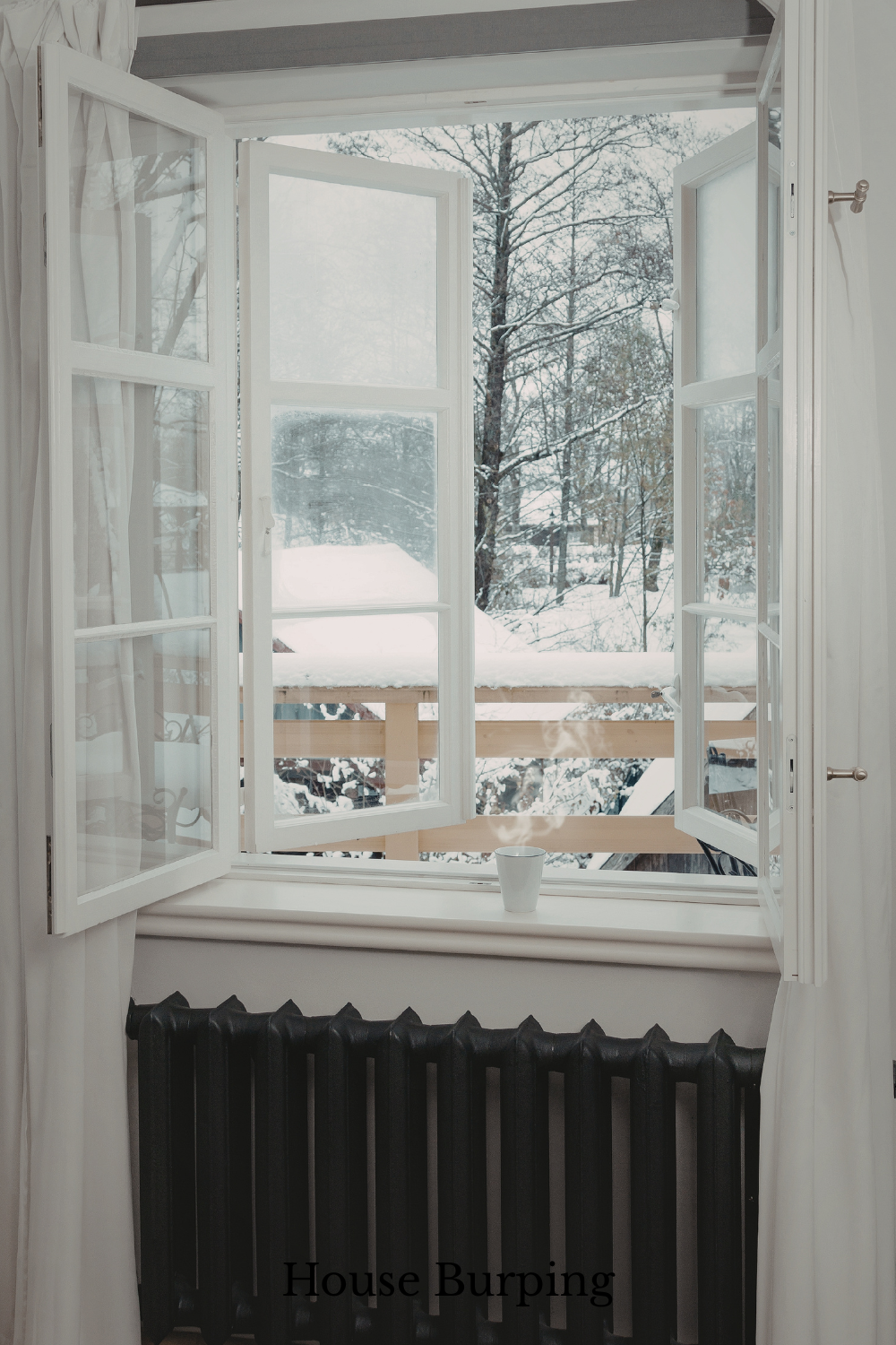 frosty winter morning outside a house with condensation on windows showing why house burping the German Lüften method works better than leaving windows on tilt in cold weather