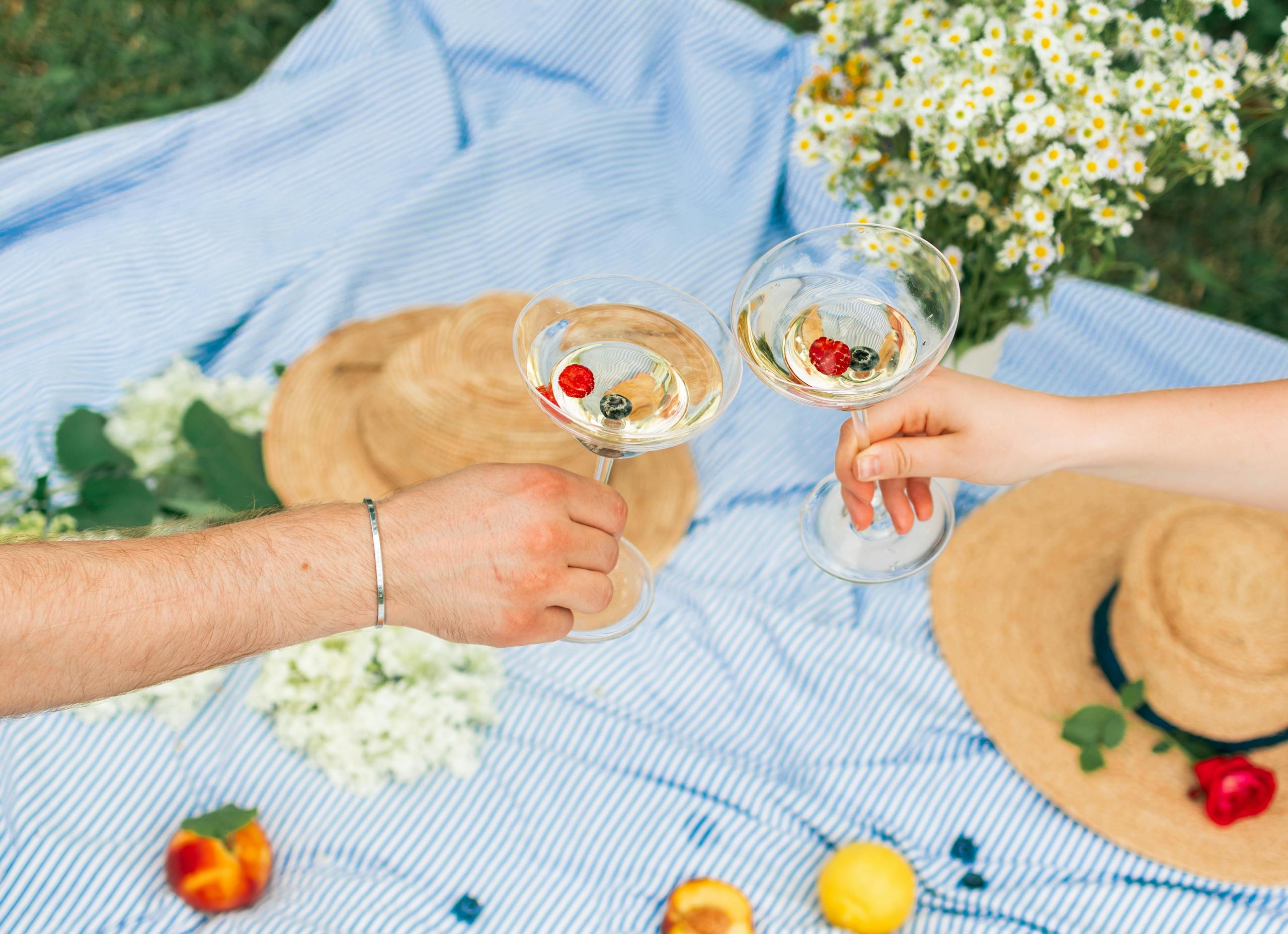 Two people clinking glasses during a charming summer picnic with wine and fruits.