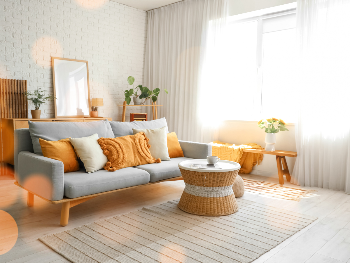 A styled corner of a living room , with sofa and orange cushions a light yellow sofa, a simple round coffee table , Feels like a boutique B&B rather than someone's front room.