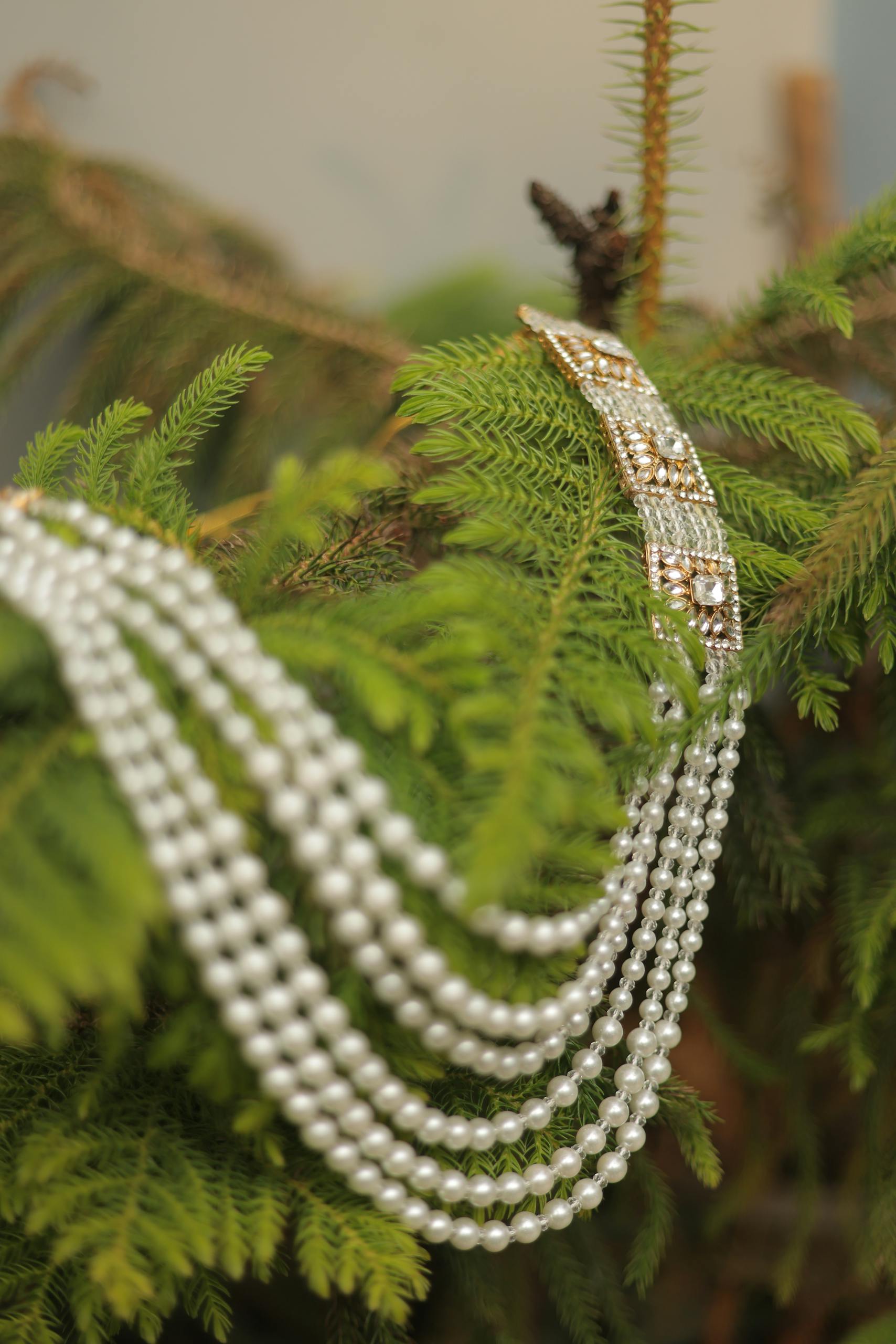 Close-up of a pearl necklace draped over vibrant green pine branches, showcasing elegance and nature.